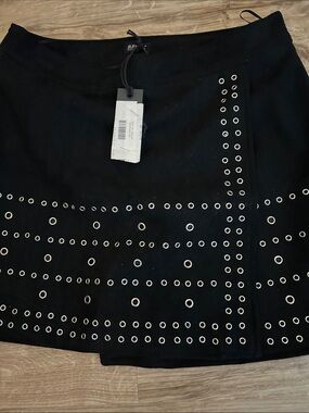 Buffalo David Bitton Black Faux Suede Mini Skirt with Silver Grommet Trim